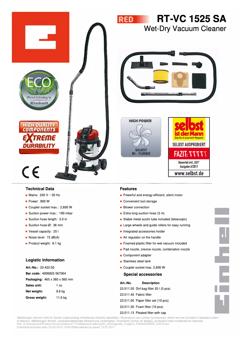 Page n°1 - Fiche technique Einhell RT-VC 1525 SA