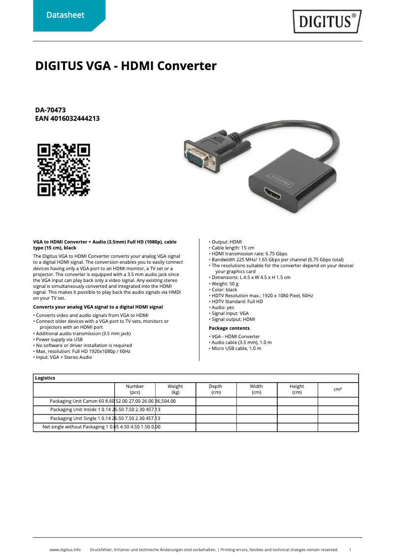 Page 1 de la notice Fiche technique Digitus DA-70473