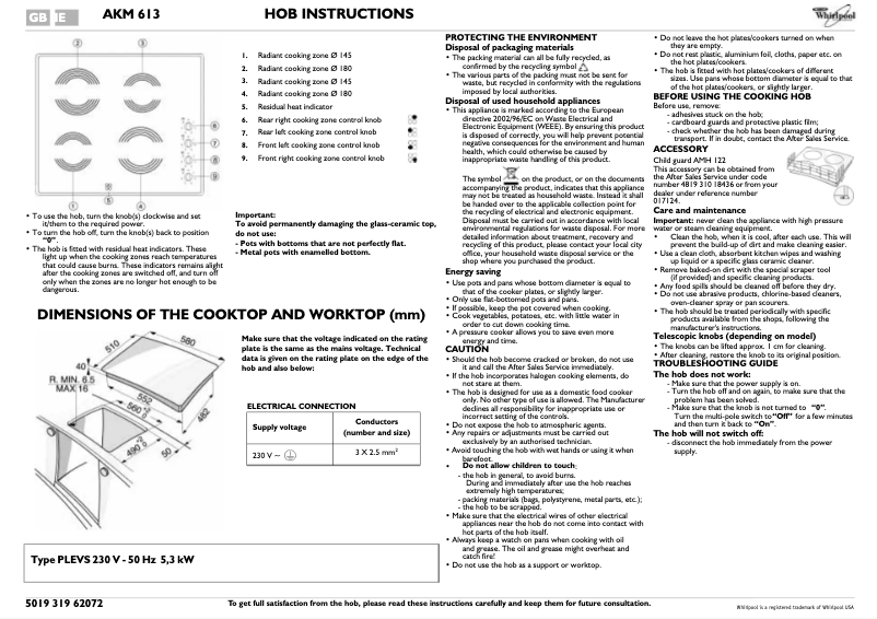 Page 1 de la notice Manuel utilisateur Whirlpool AKM 613/BA