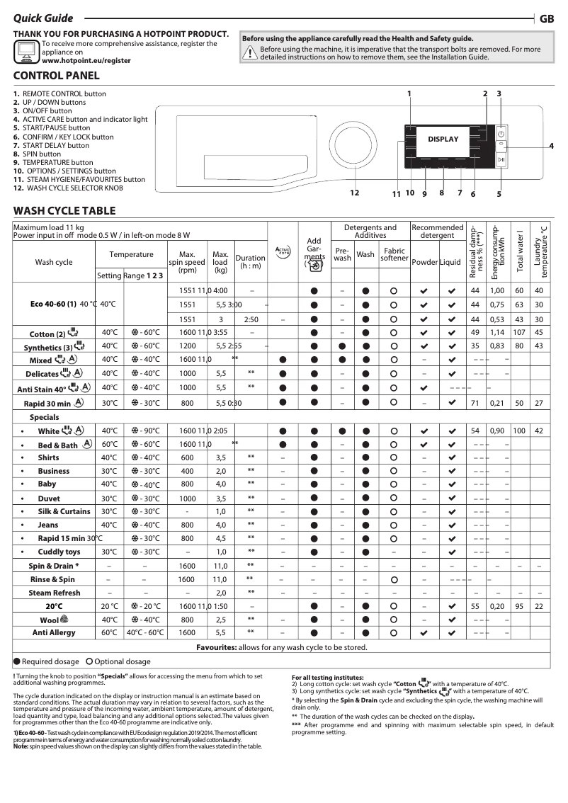Page 1 de la notice Manuel utilisateur Hotpoint NLCD 1164 D AW UK N