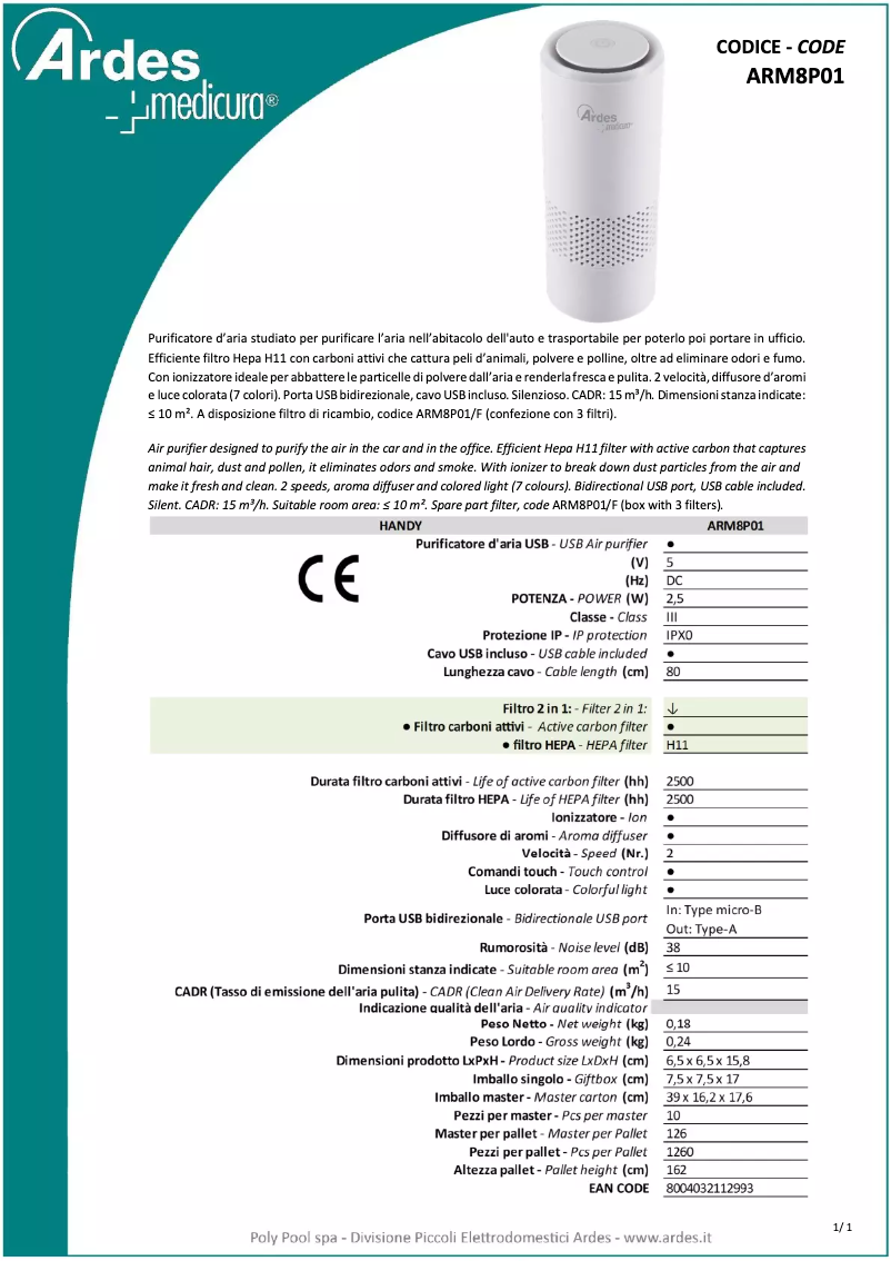 Page 1 de la notice Fiche technique Ardes ARM8P01
