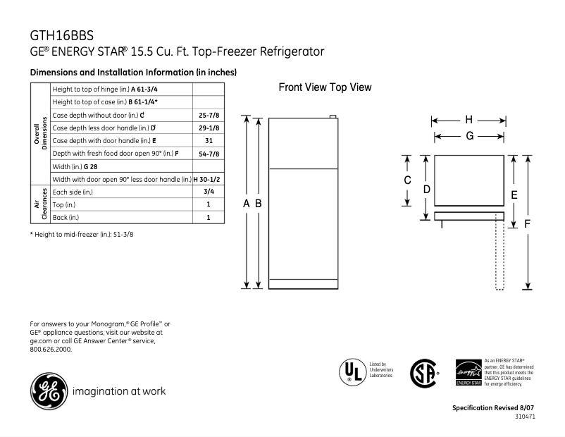 Page 1 de la notice Fiche technique GE GTH16BBSRCC