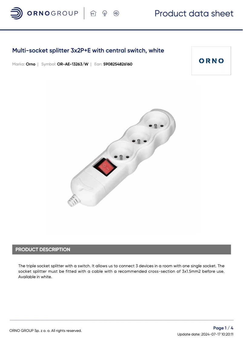 Page 1 de la notice Fiche technique ORNO OR-AE-13263
