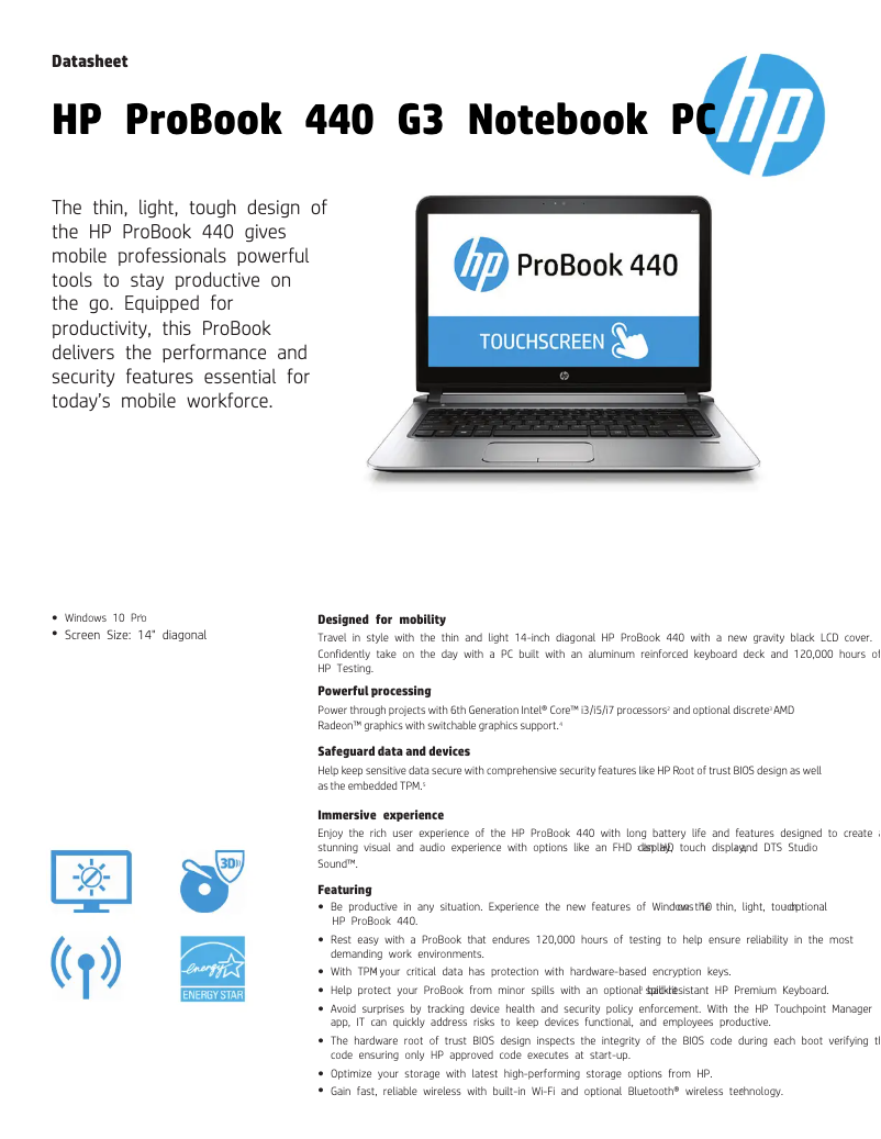 Image de la première page du manuel de l'appareil ProBook 440 G3