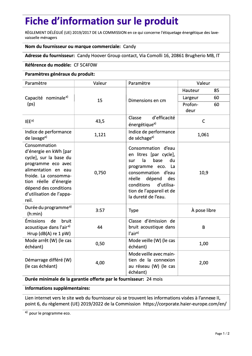Page n°1 - Fiche technique Candy CF 5C4F0W