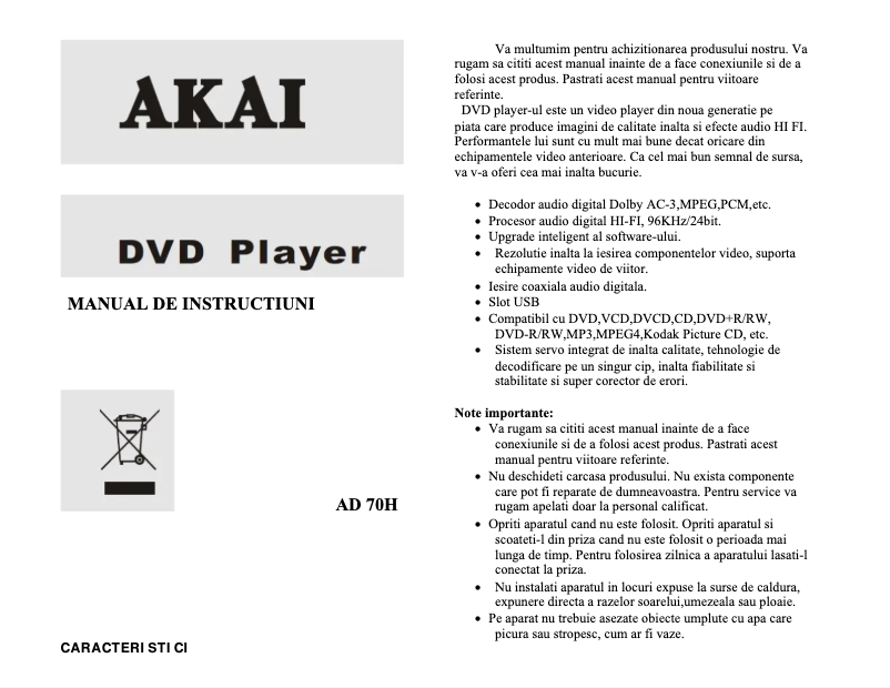 Page n°1 - Manuel utilisateur AKAI AD70H
