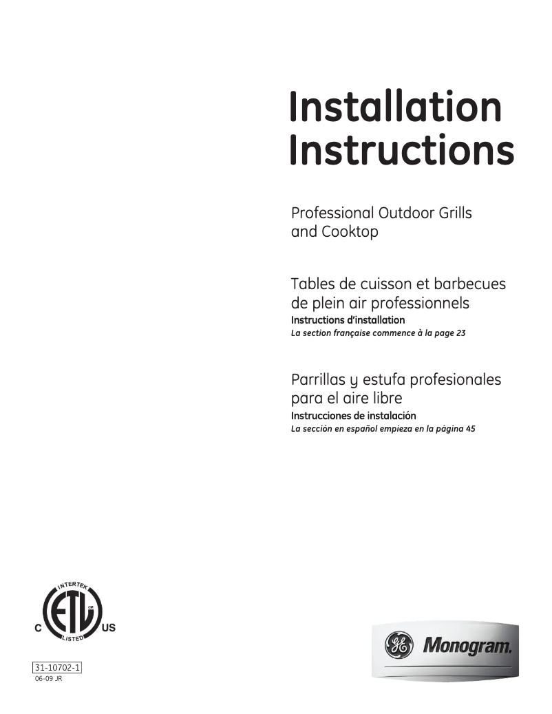 Page n°1 - Guide d'installation GE ZGG542NCPSS