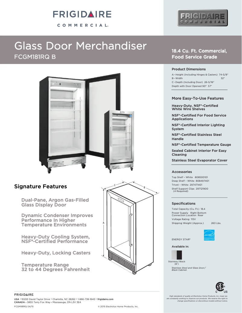 Page 1 de la notice Fiche technique Frigidaire FCGM181RQ