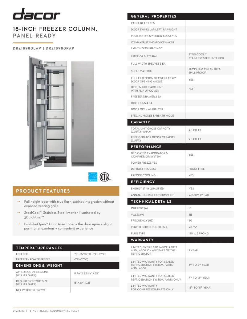 Page 1 de la notice Fiche technique Dacor Modernist DRZ18980RAP