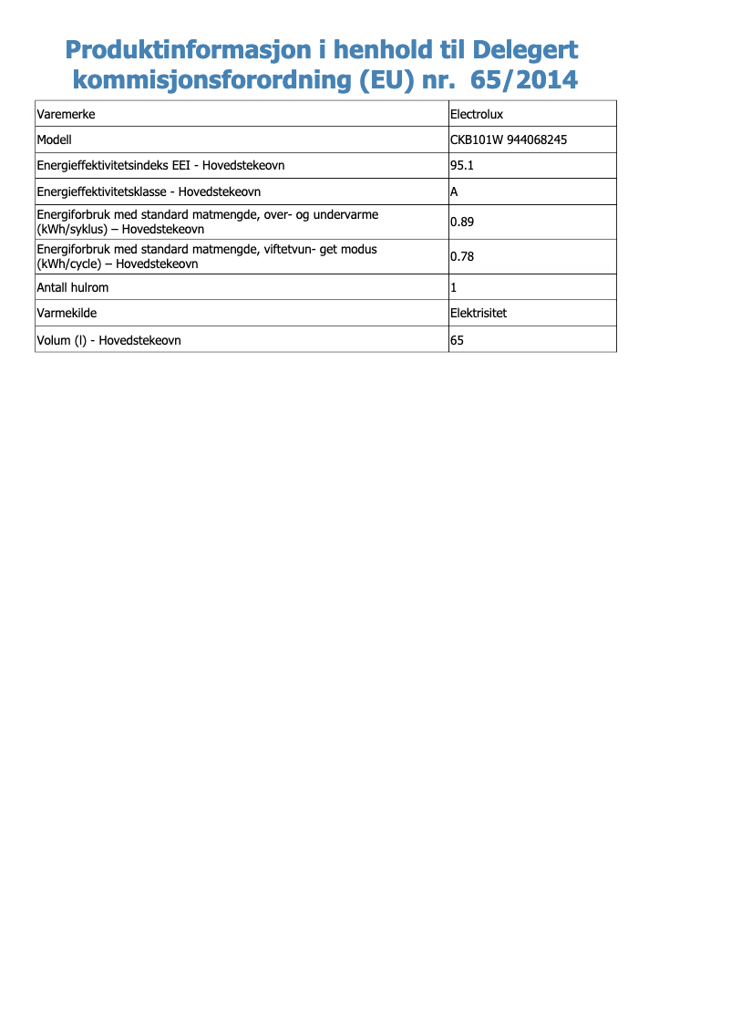 Page 1 de la notice Fiche technique Electrolux CKB101W
