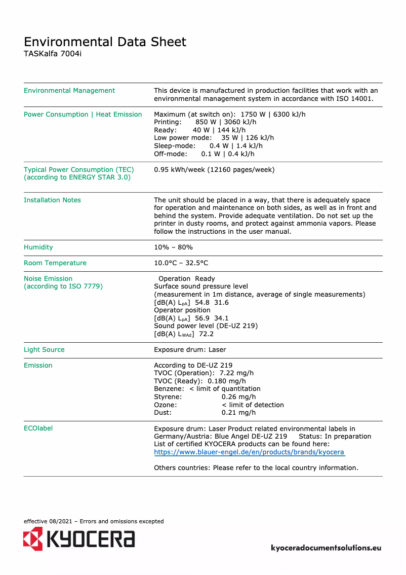 Page 1 de la notice Fiche technique Kyocera TASKalfa 7004i
