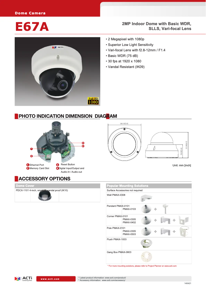 Page 1 de la notice Fiche technique ACTi E67A