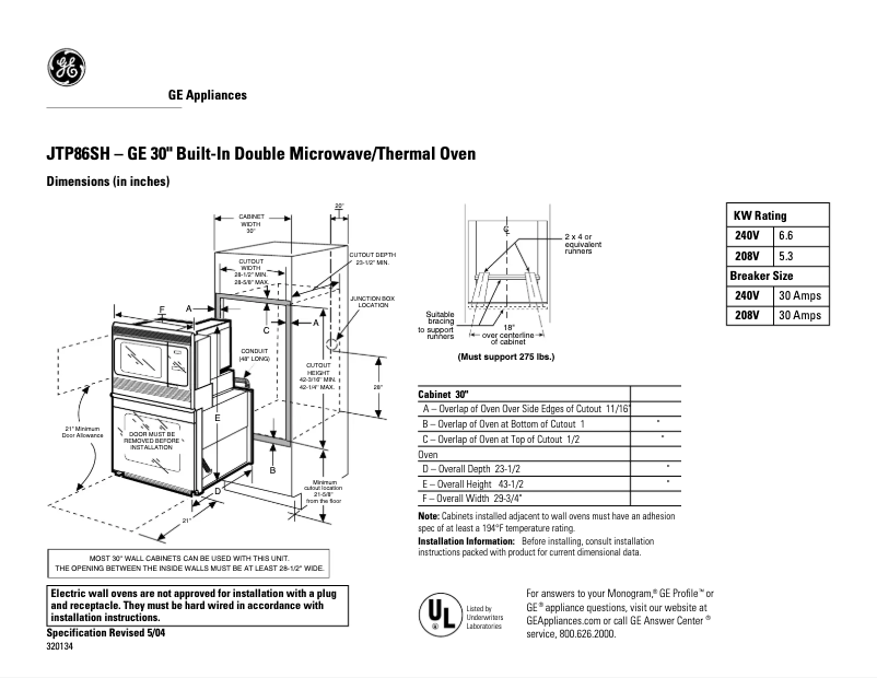 Página 1 del manual Ficha técnica GE JTP86SHSS