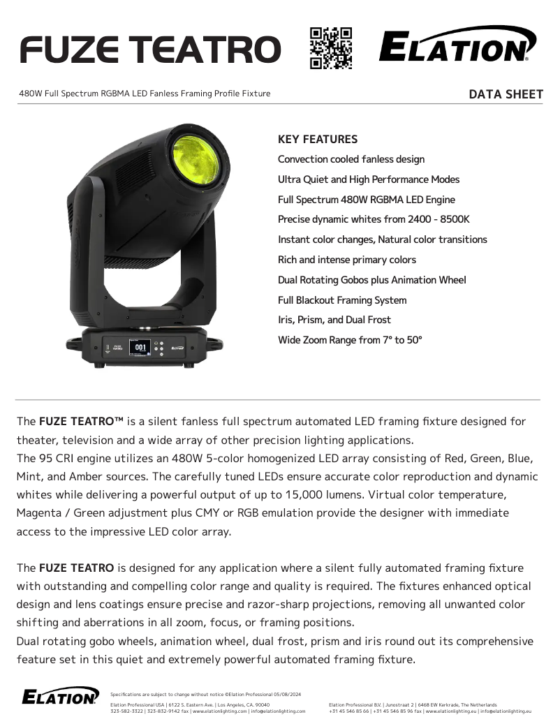 Page 1 de la notice Fiche technique Elation Fuze Teatro