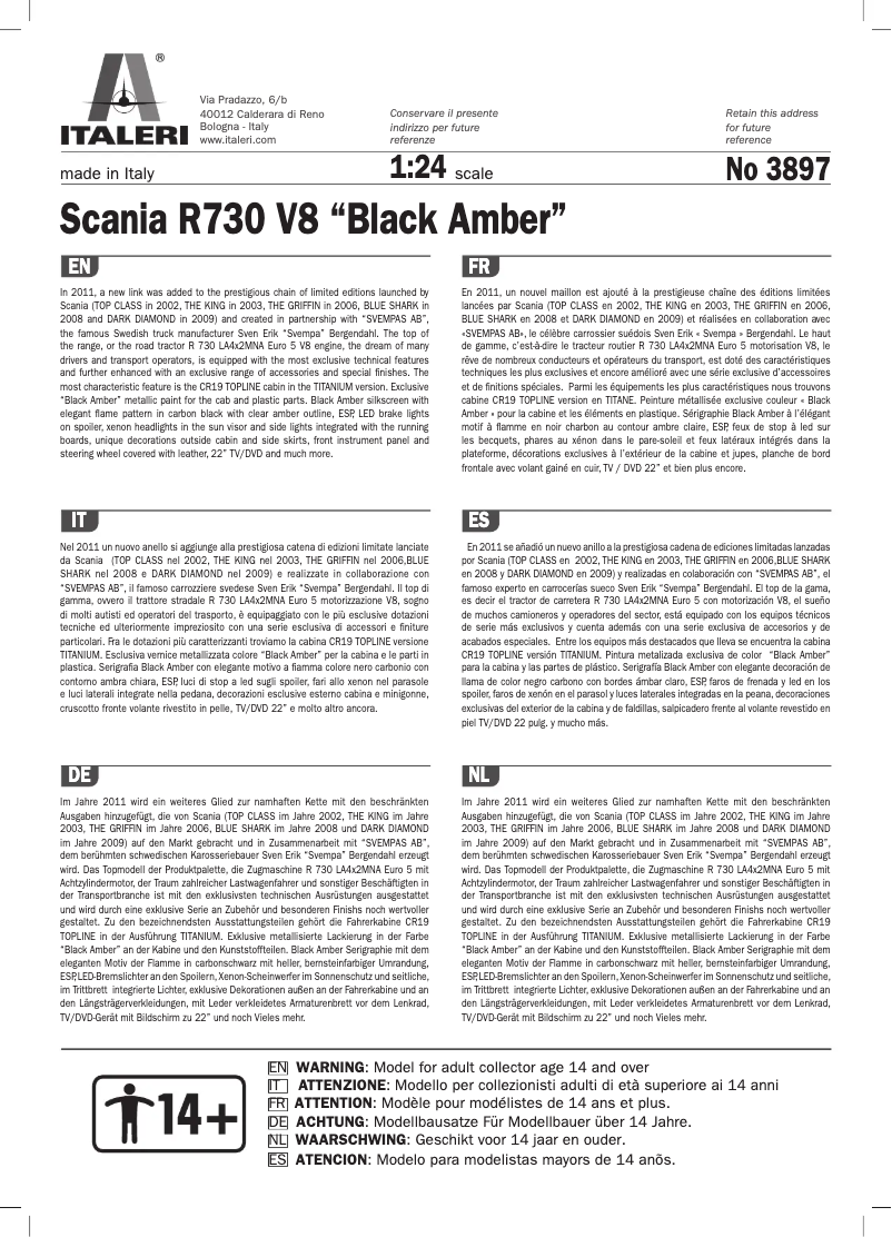 Page 1 de la notice Manuel utilisateur Italeri Scania R730 V8 “Black Amber”