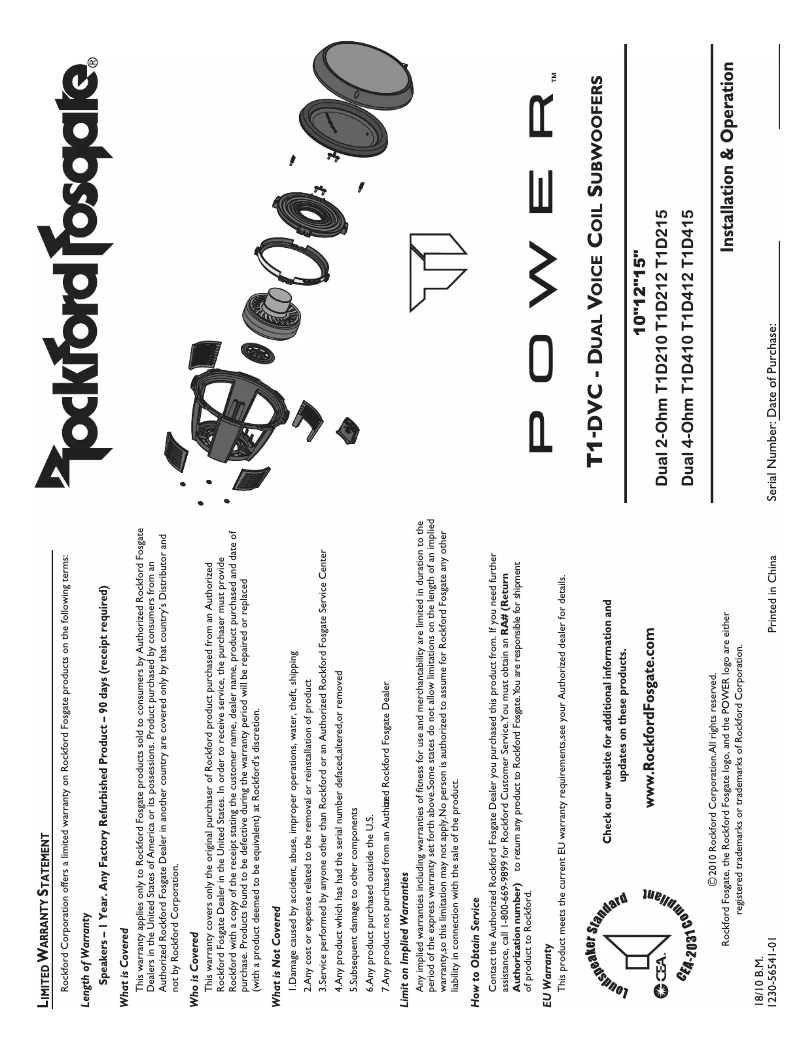 Page 1 de la notice Manuel d'utilisation et d'entretien Rockford Fosgate Power T1D212