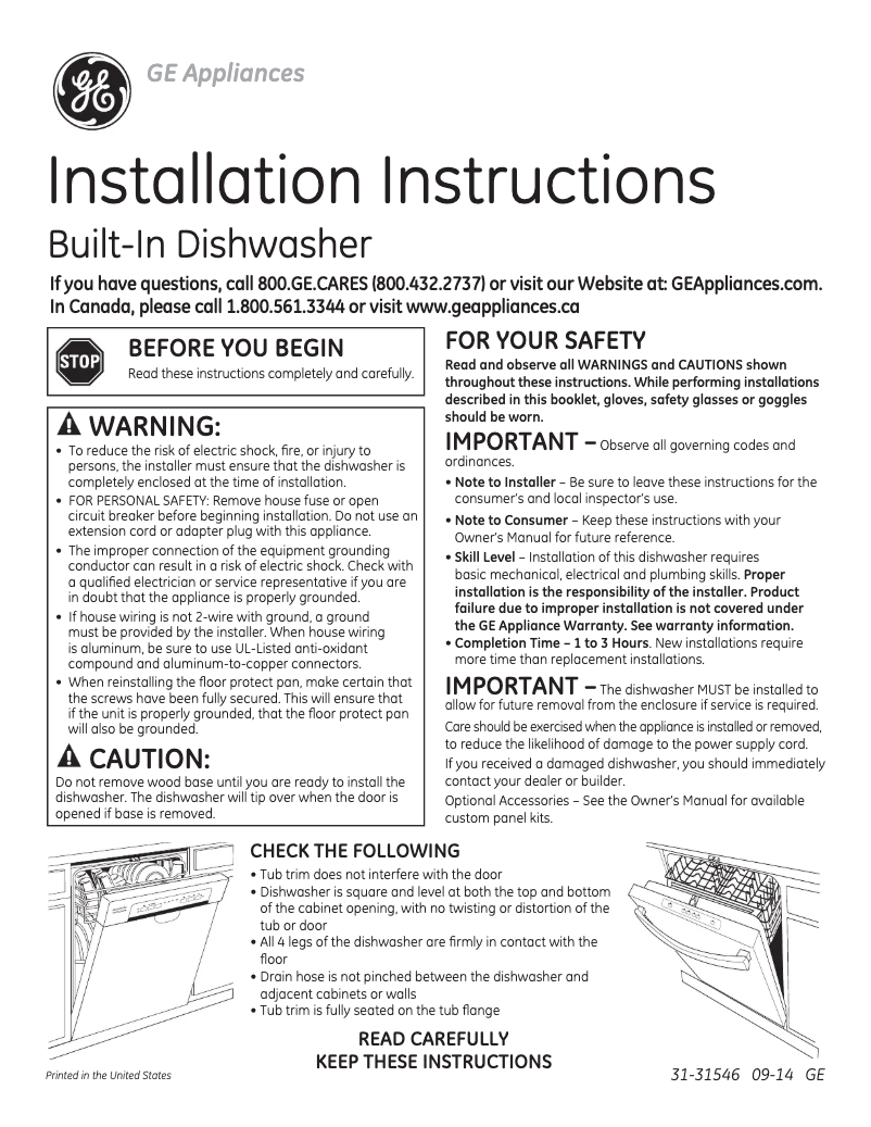 Page 1 de la notice Guide d'installation GE GDF570SGFCC