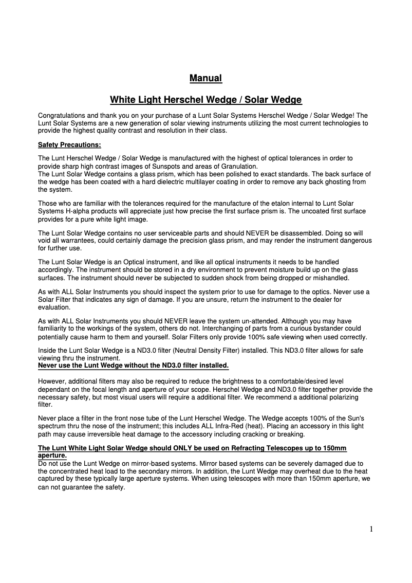 Page n°1 - Manuel utilisateur Lunt Solar Systems LS2HW