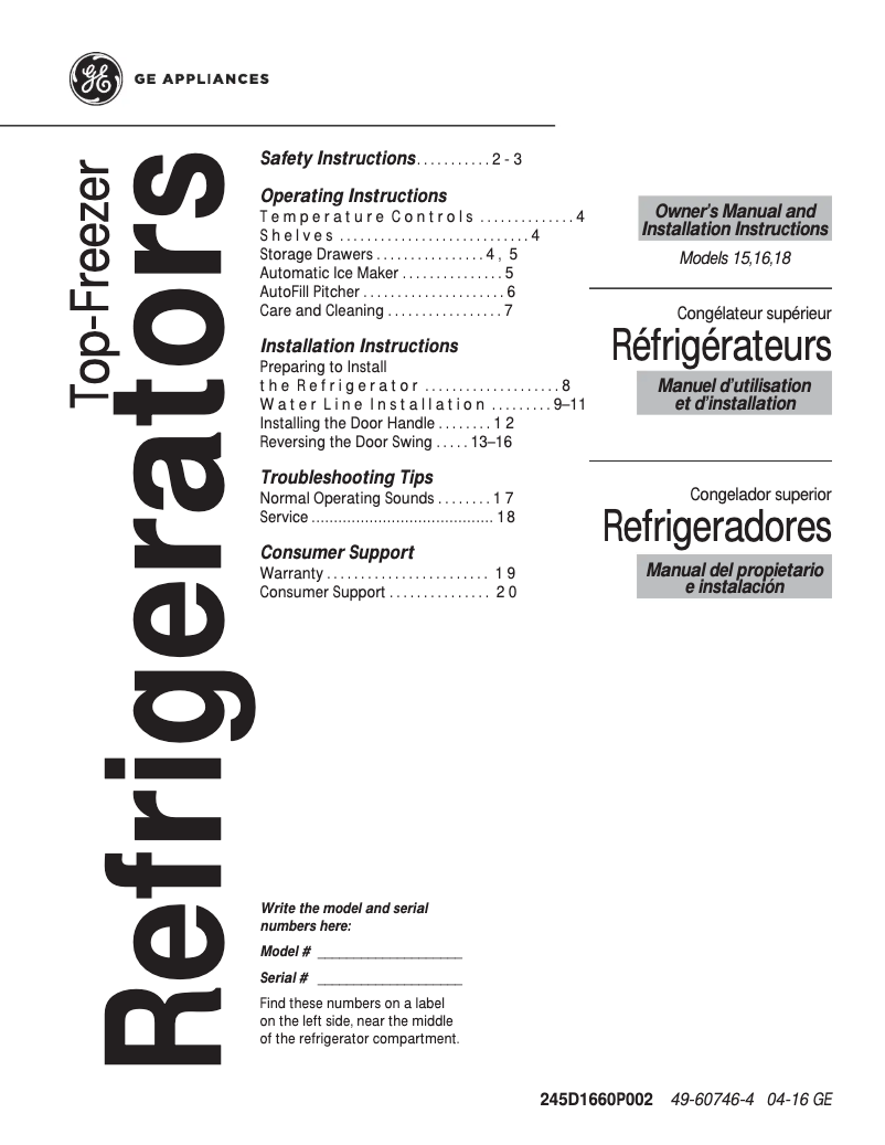 Page 1 de la notice Guide d'installation GE GIE16DGHWW