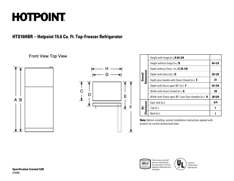 Page 1 de la notice Fiche technique Hotpoint HTS16HBRWW