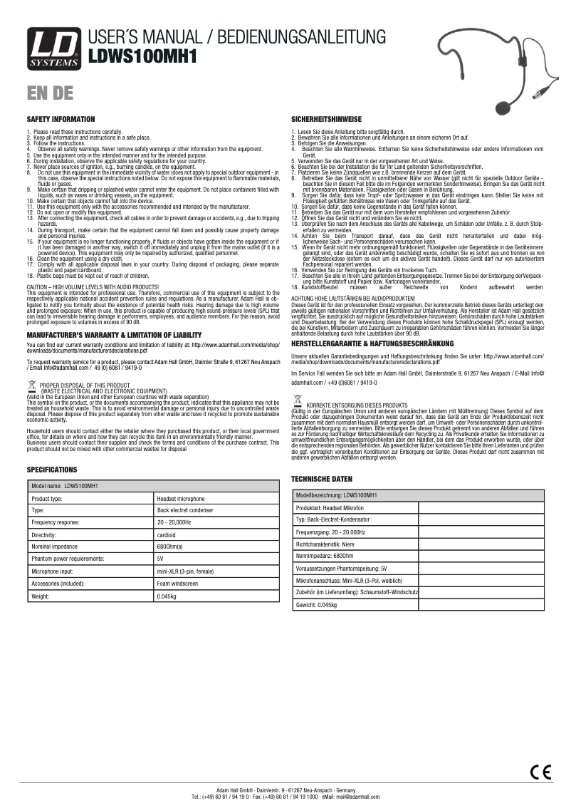 Page 1 de la notice Manuel utilisateur LD Systems WS 100 MH 1