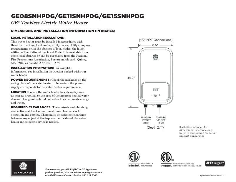 Page 1 de la notice Fiche technique GE GE15SNHPDG