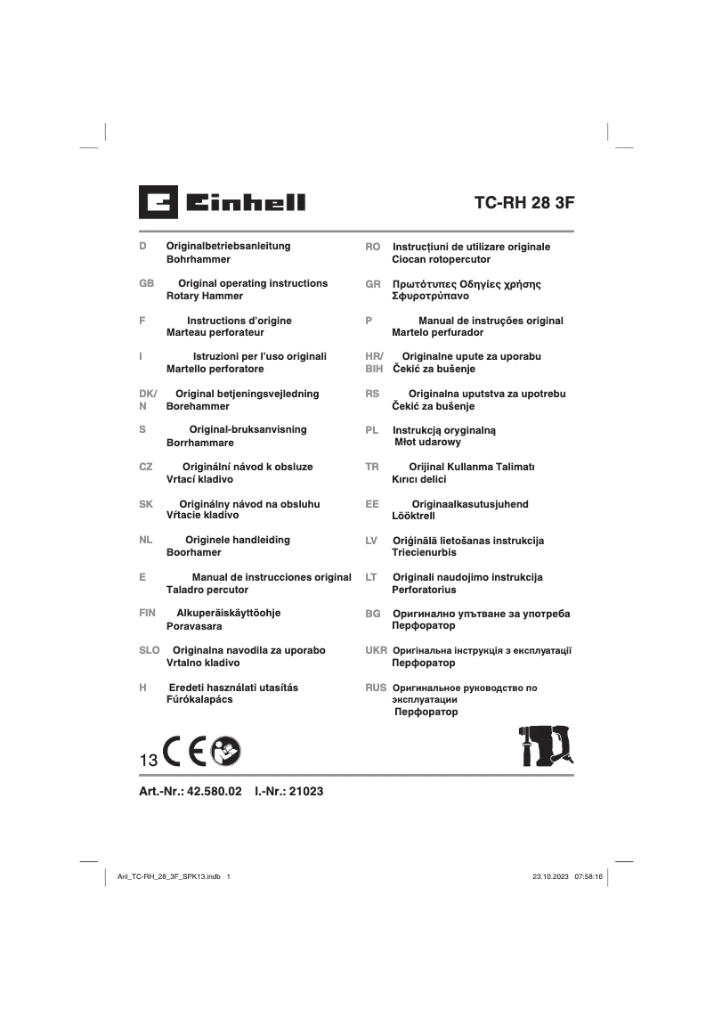 Page 1 de la notice Manuel utilisateur Einhell TC-RH 28 3F