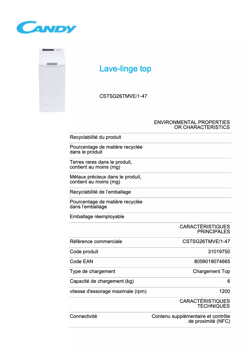 Page 1 de la notice Fiche technique Candy CSTSG26TMVE/1-47