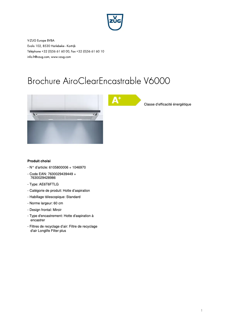 Image de la première page du manuel de l'appareil AiroClearEncastrable V6000