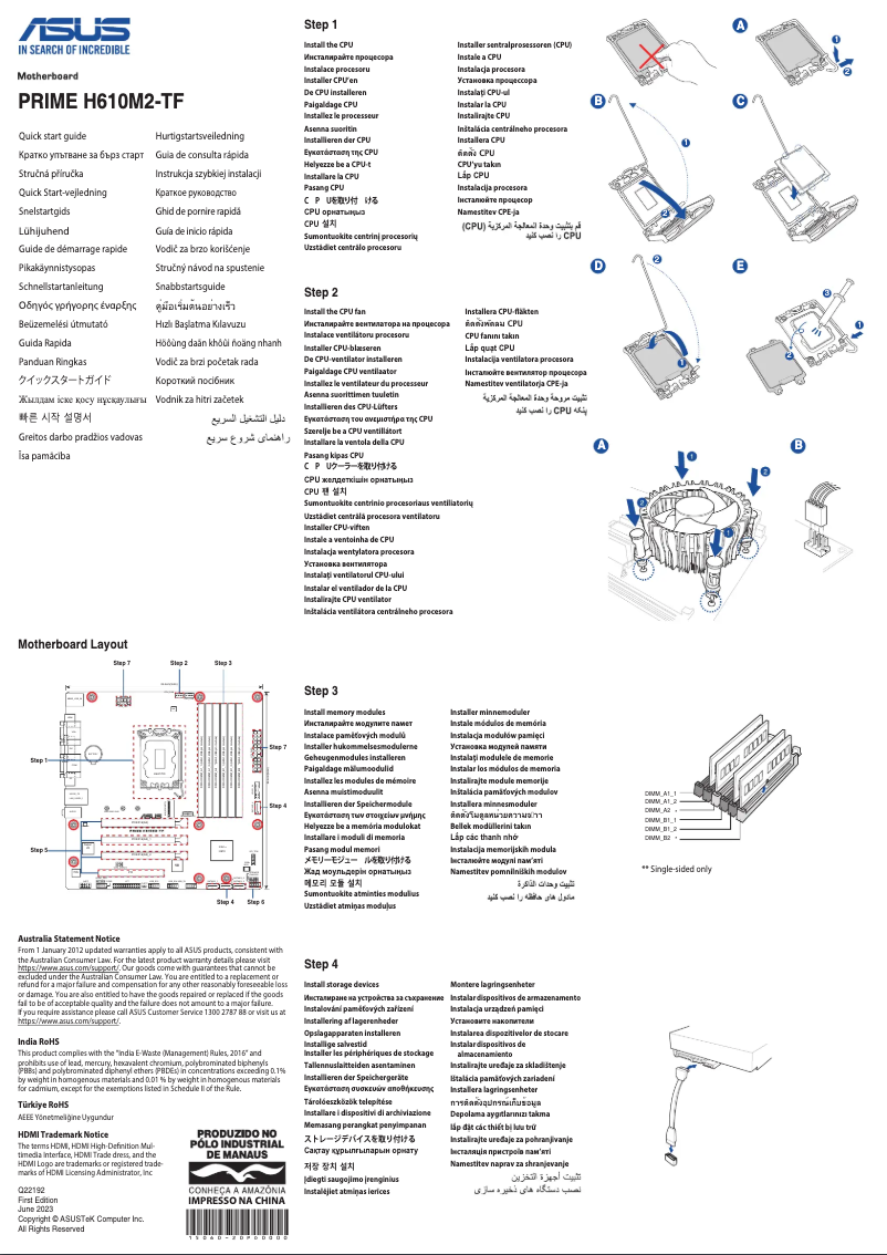 Page 1 de la notice Guide de démarrage rapide Asus PRIME H610M2-TF