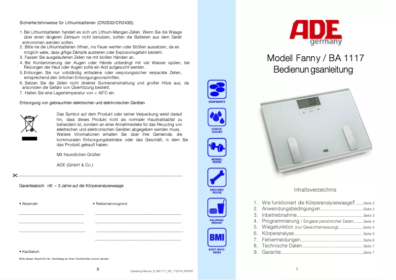 Page 1 de la notice Manuel utilisateur ADE Fanny BA 1117