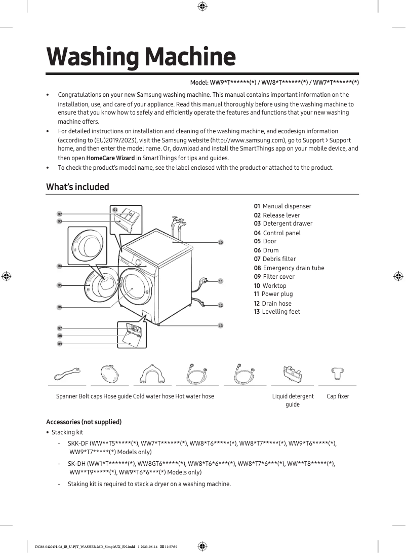 Page 1 de la notice Guide de démarrage rapide Samsung WW80T554DAE