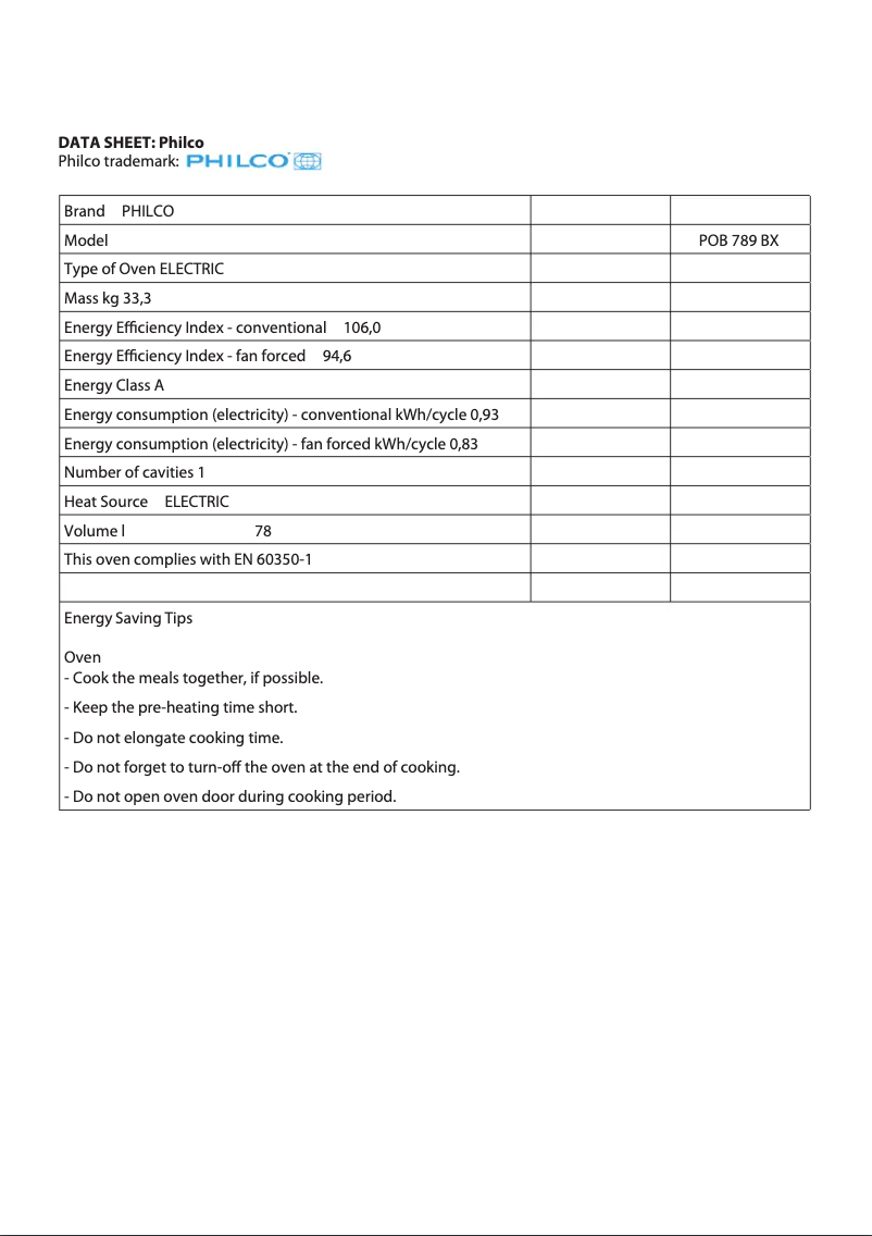 Page 1 de la notice Fiche technique Philco POB 789 BX