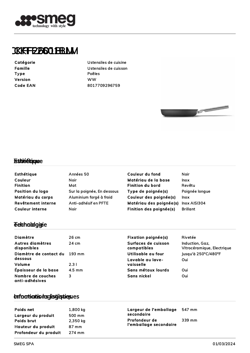 Page 1 de la notice Fiche technique Smeg CKFF2601BLM