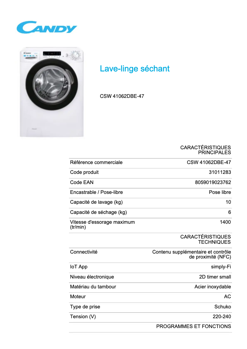 Page n°1 - Fiche technique Candy CSW 41062DBE-47