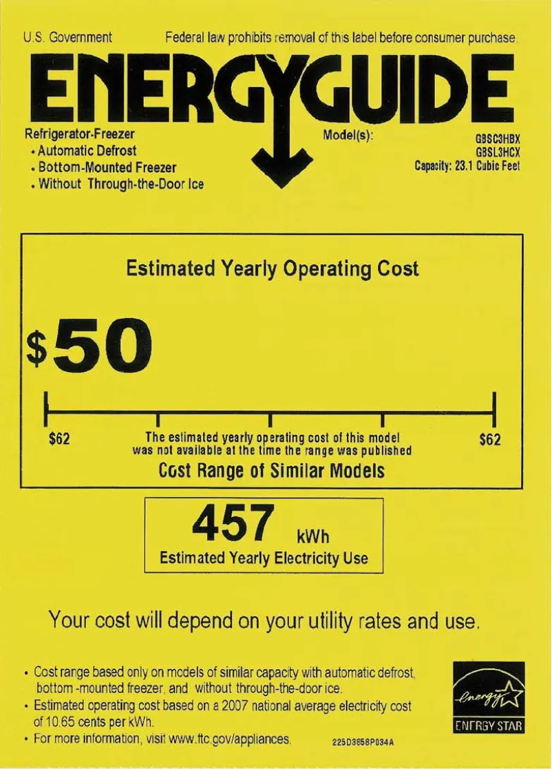 Page 1 de la notice Label énergétique GE GBSL3HCXRLS