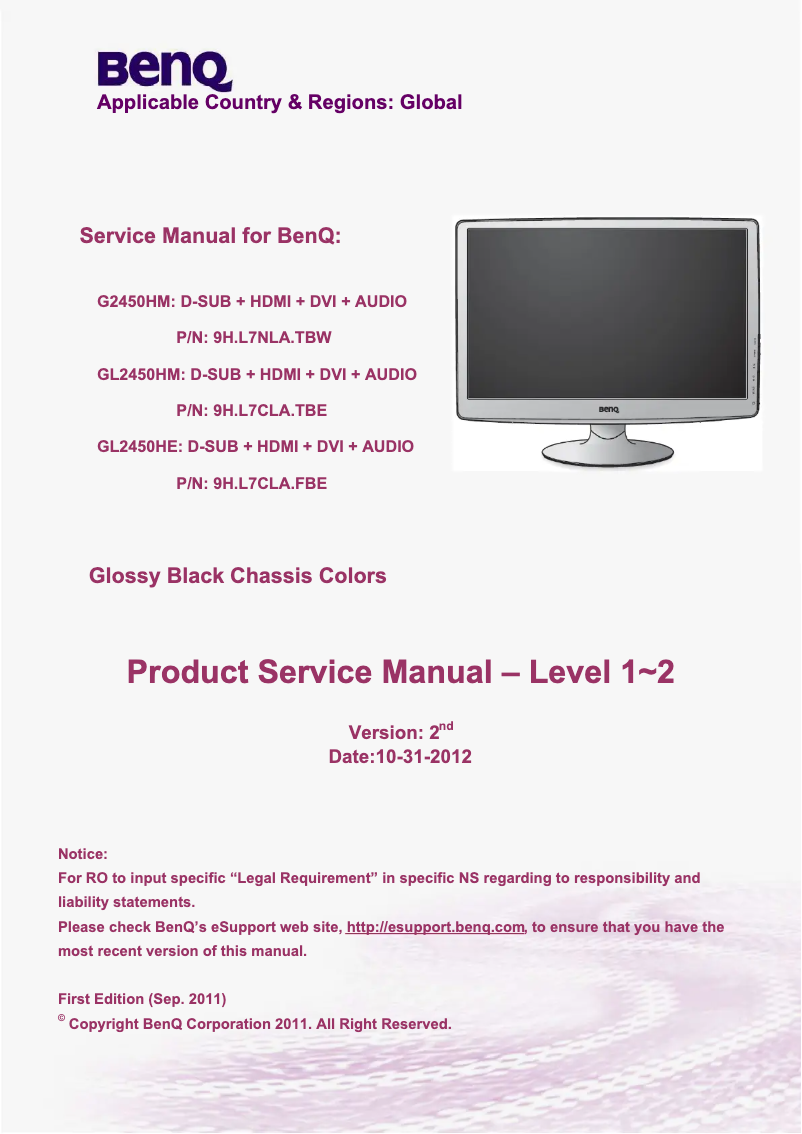 Page 1 de la notice Manuel utilisateur BenQ GL2450HE