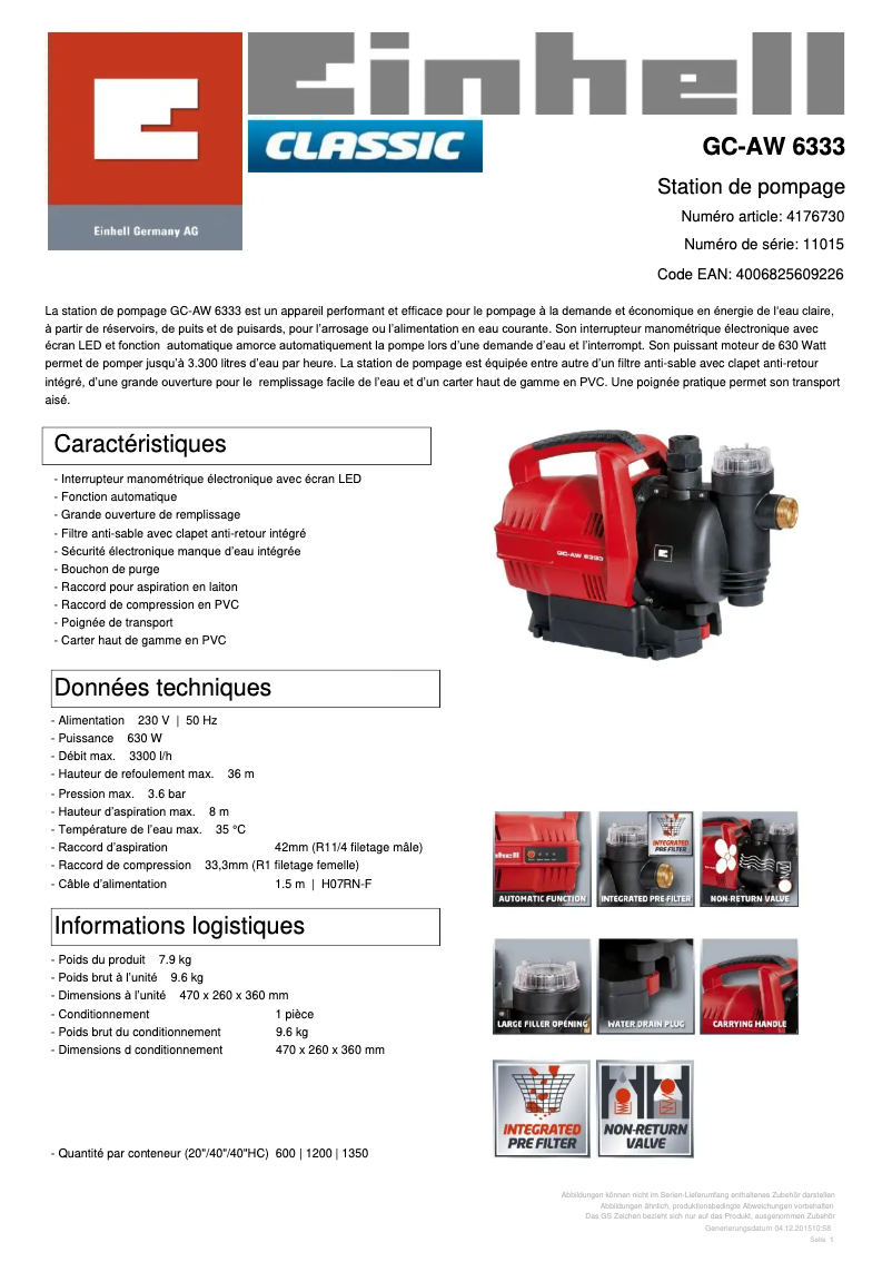 Page 1 de la notice Fiche technique Einhell GC-AW 6333