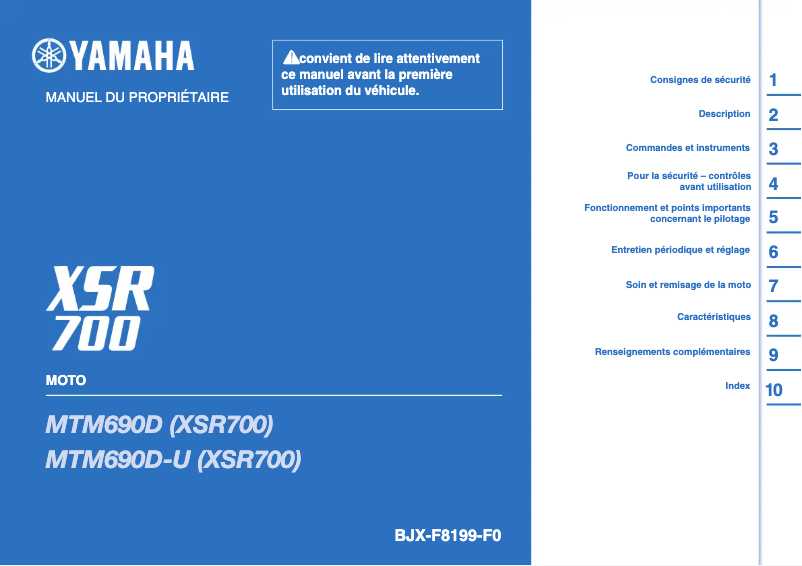 Image de la première page du manuel de l'appareil XSR700 XTribute (2021)