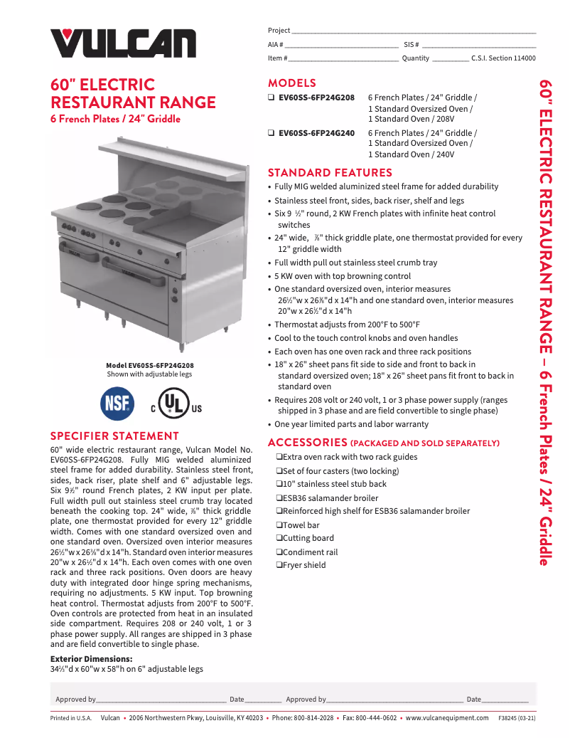 Page 1 de la notice Fiche technique Vulcan EV60SS