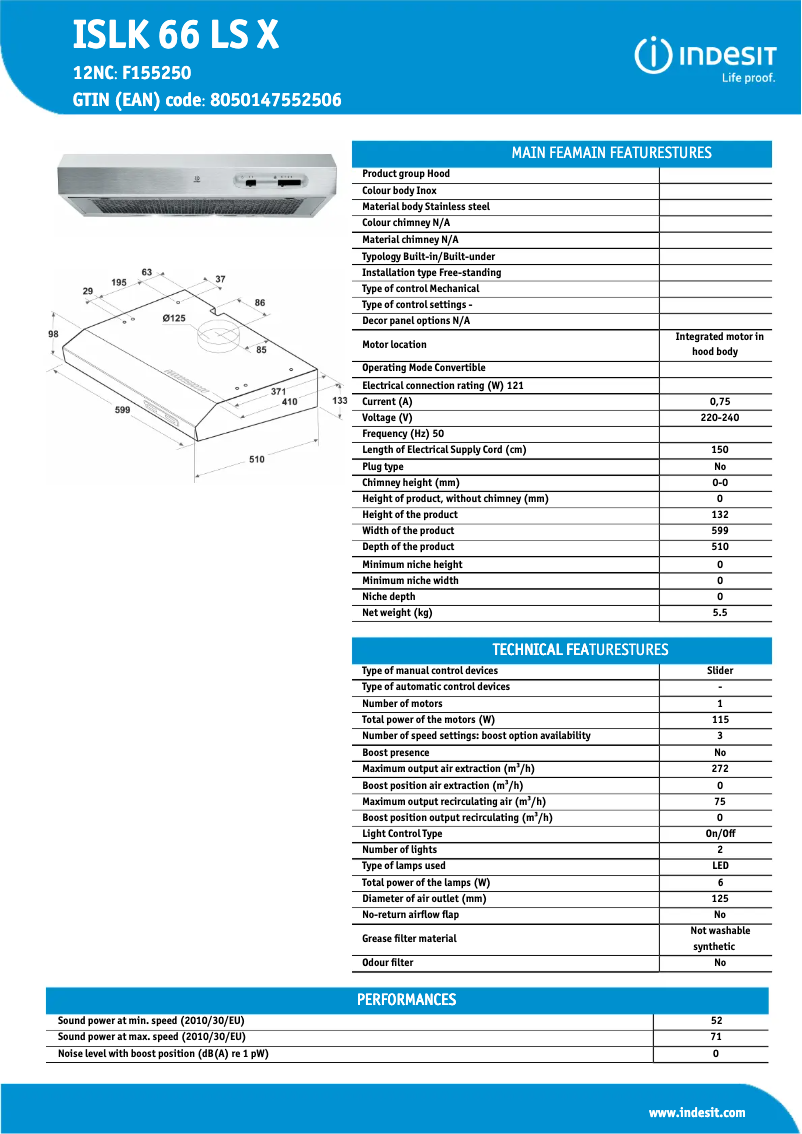 Page 1 de la notice Fiche technique Indesit ISLK 66 LS X