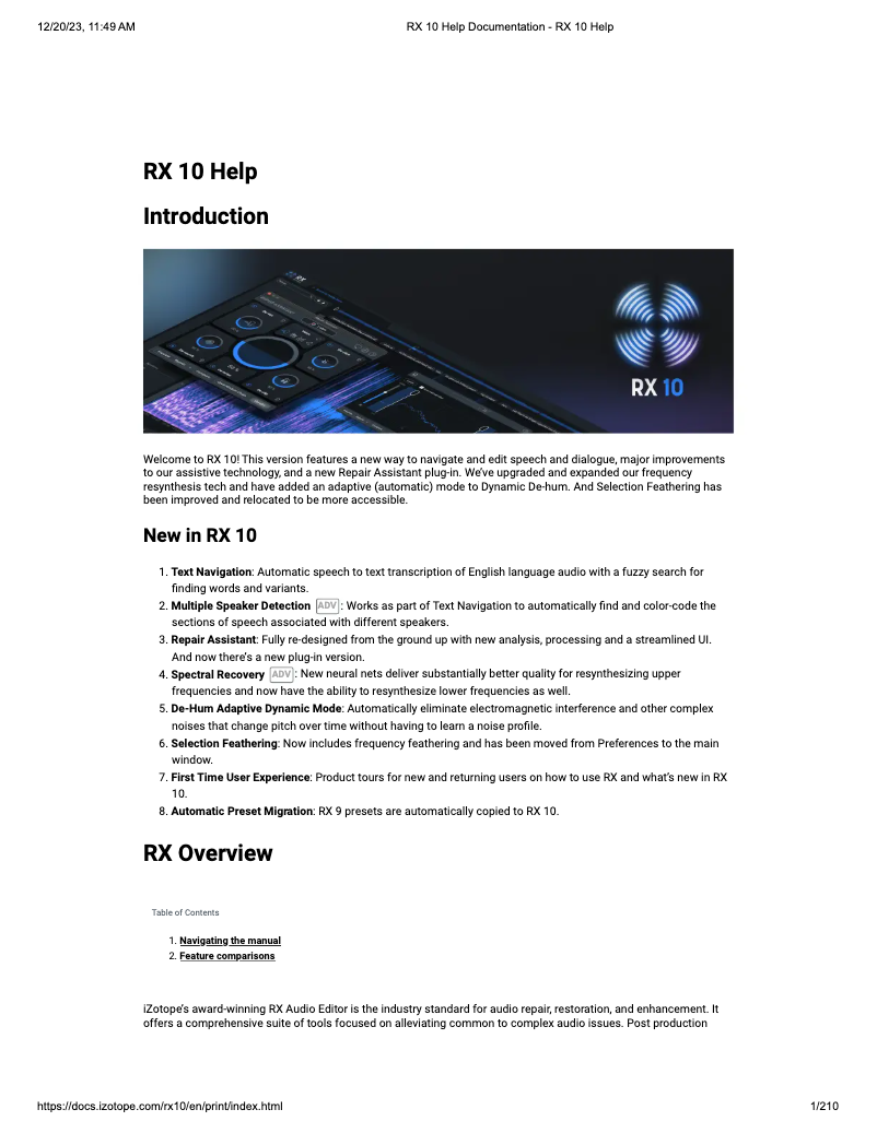 Page 1 de la notice Manuel utilisateur iZotope RX 10 Standard