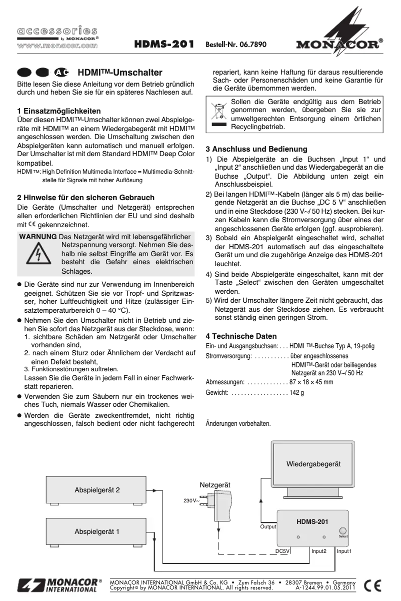 Page 1 de la notice Manuel utilisateur Monacor HDMS-201