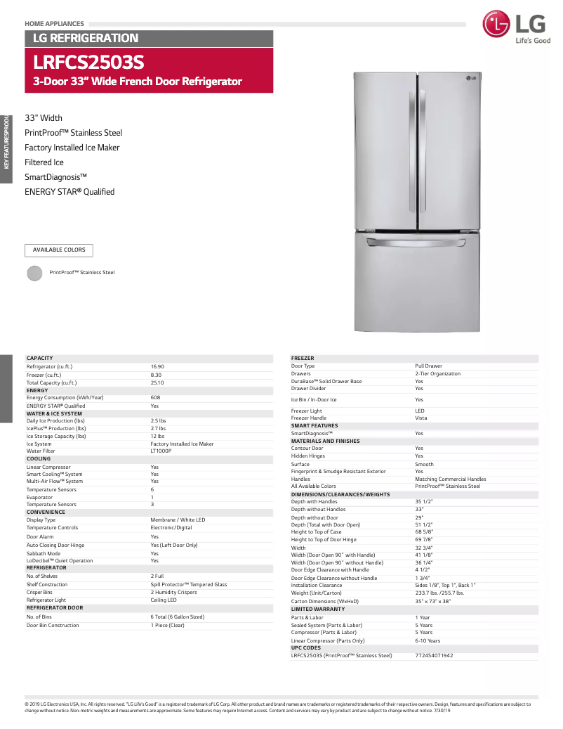 Page 1 de la notice Fiche technique LG LRFCS2503S