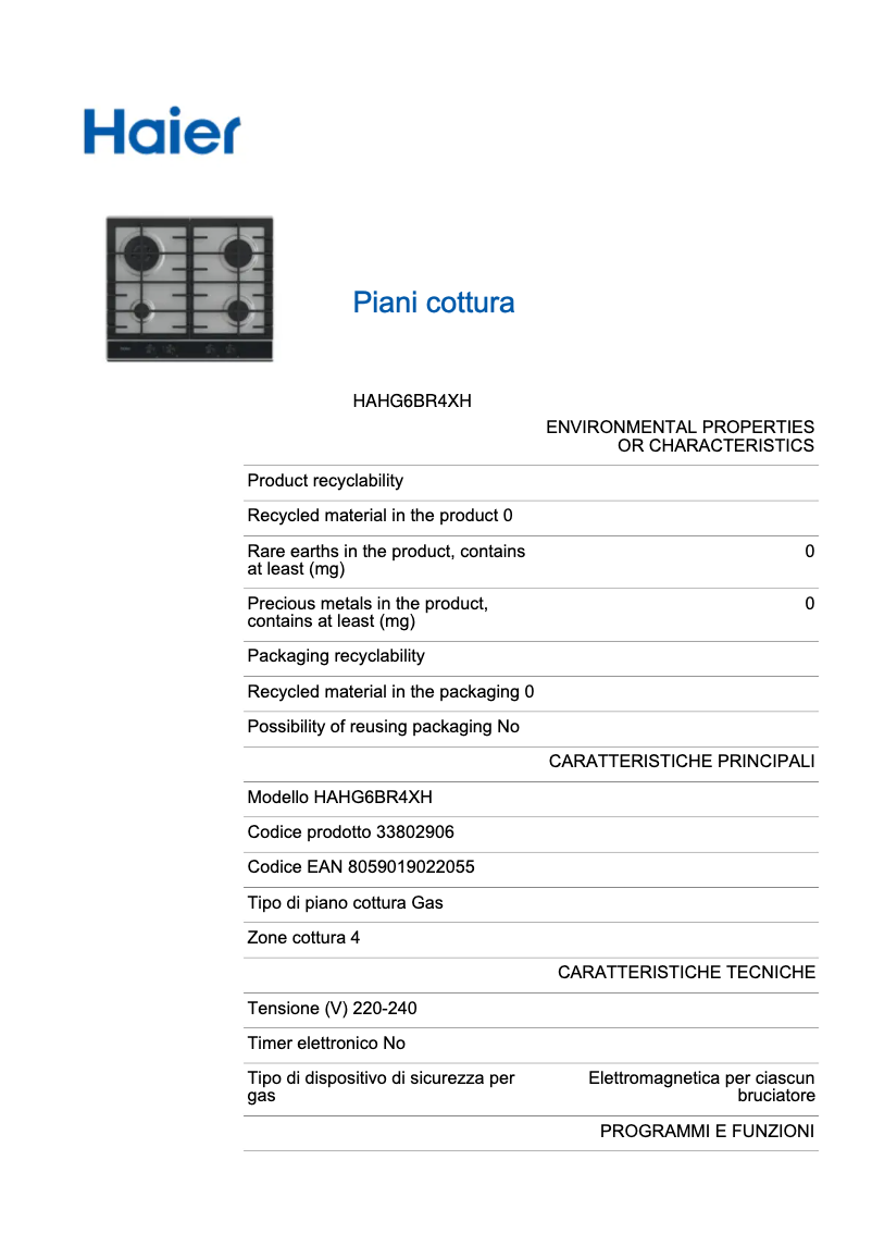 Page 1 de la notice Fiche technique Haier HAHG6BR4XH