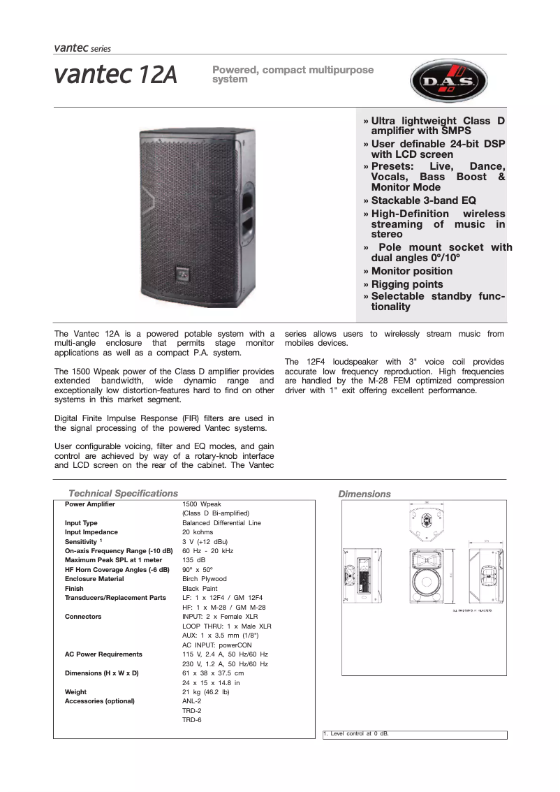Page 1 de la notice Fiche technique DAS Audio Vantec-12A