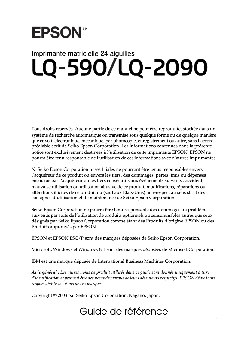 Page 1 de la notice Manuel utilisateur Epson LQ-590
