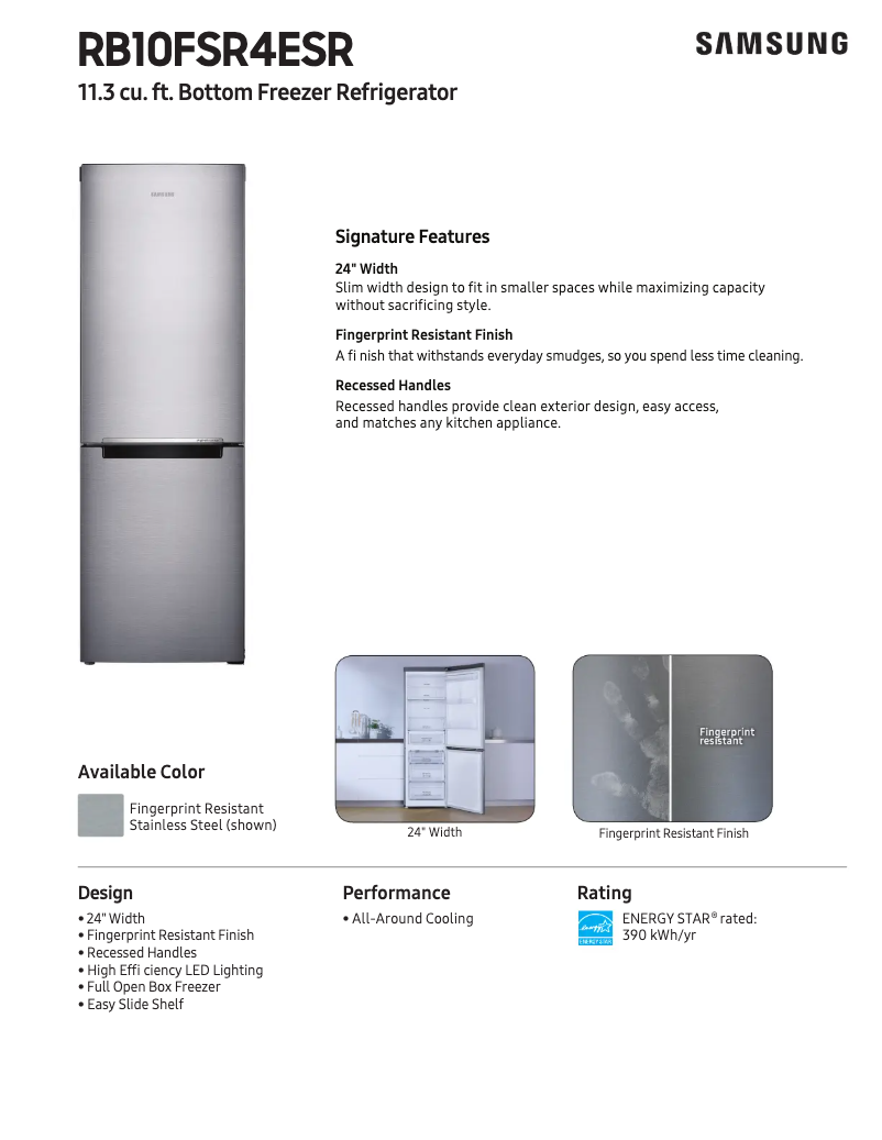 Page 1 de la notice Fiche technique Samsung RB10FSR4ESR