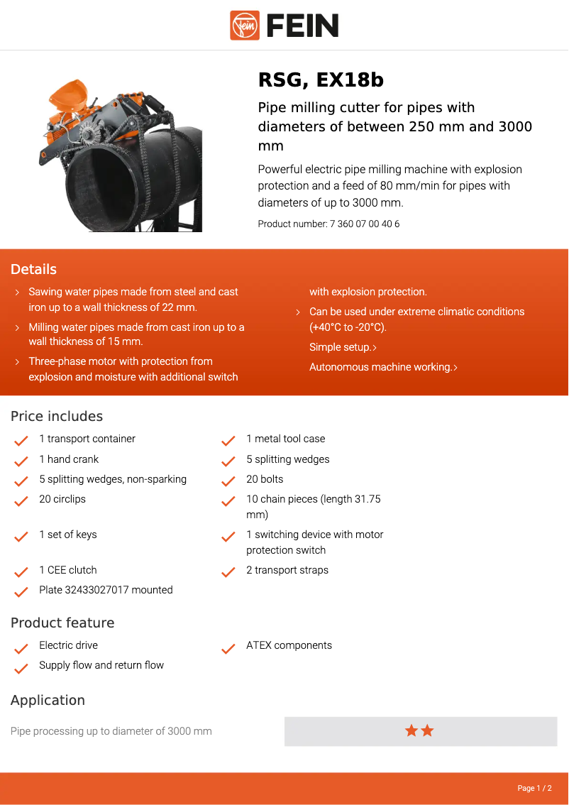 Page n°1 - Fiche technique Fein RSG EX18b