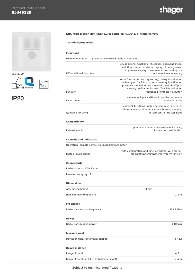 Page 1 de la notice Fiche technique Hager 85346129